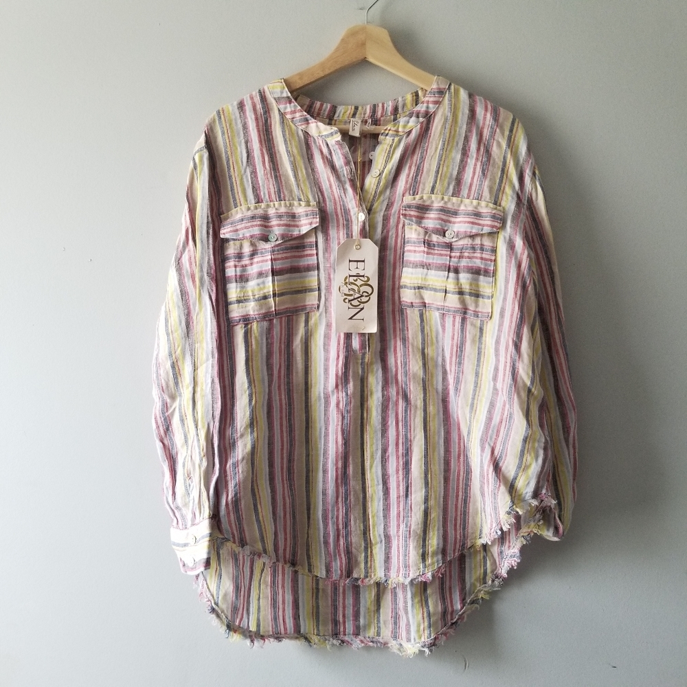 Elan Striped Button Detail 100% Linen Shirt Top